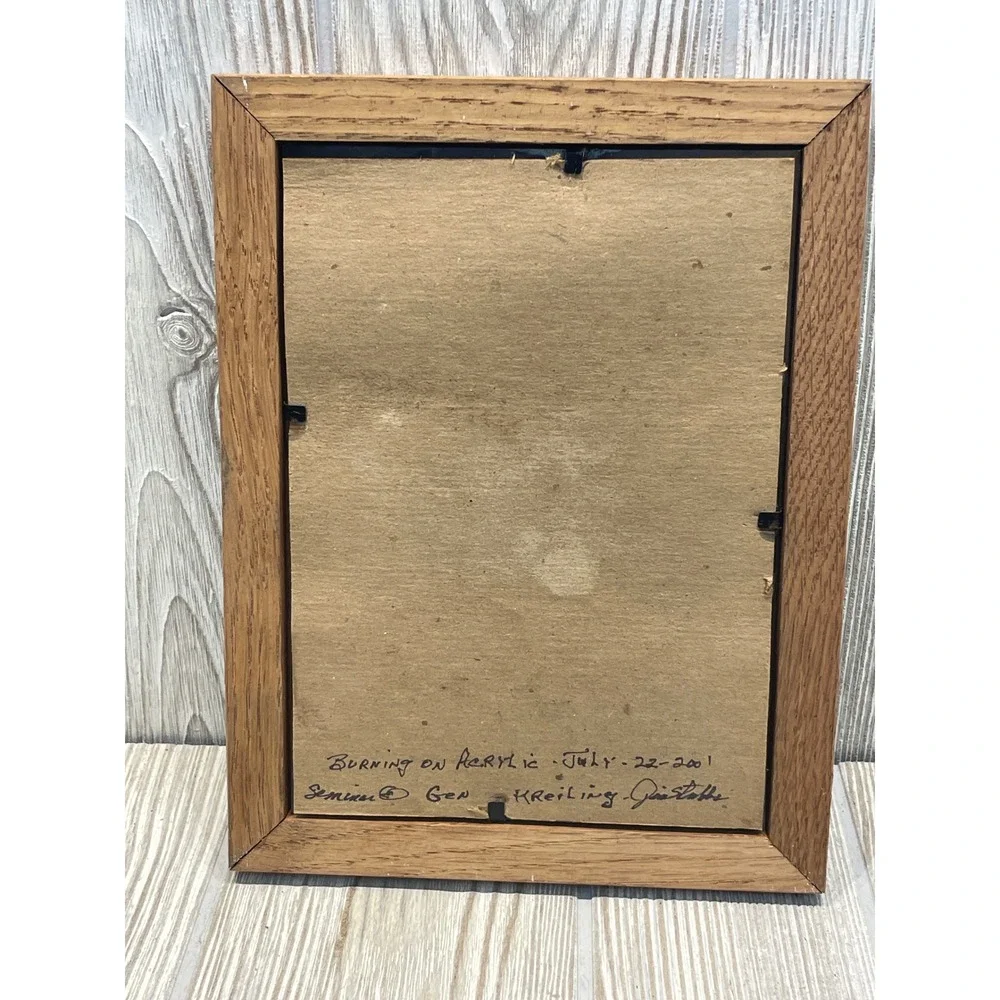 Vintage Owl Burning on Acrylic Original Art Signed Gen Kreiling 2001 Oak Frame